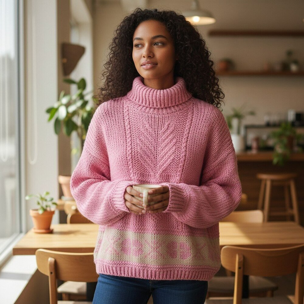 Exclusive Imports Womens Large Pink Knitted by Hand Turtle Neck Pullover Sweater